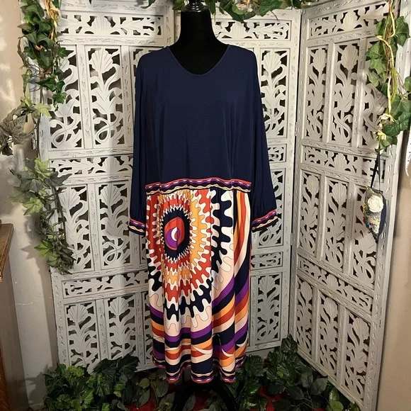 DONNA MORGAN NICE NAVY BLUE WITH GROOVY MULTICOLORS LONG SLEEVE MAXI DRESS - Picture 1 of 11